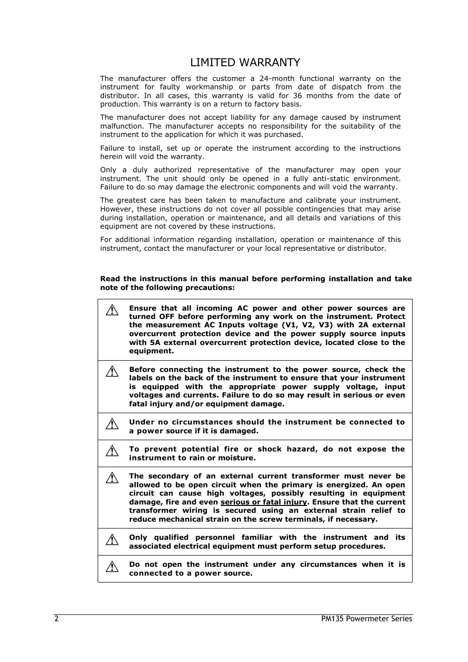 Limited warranty, Warning | SATEC PM135 Manual User Manual | Page 2 / 166