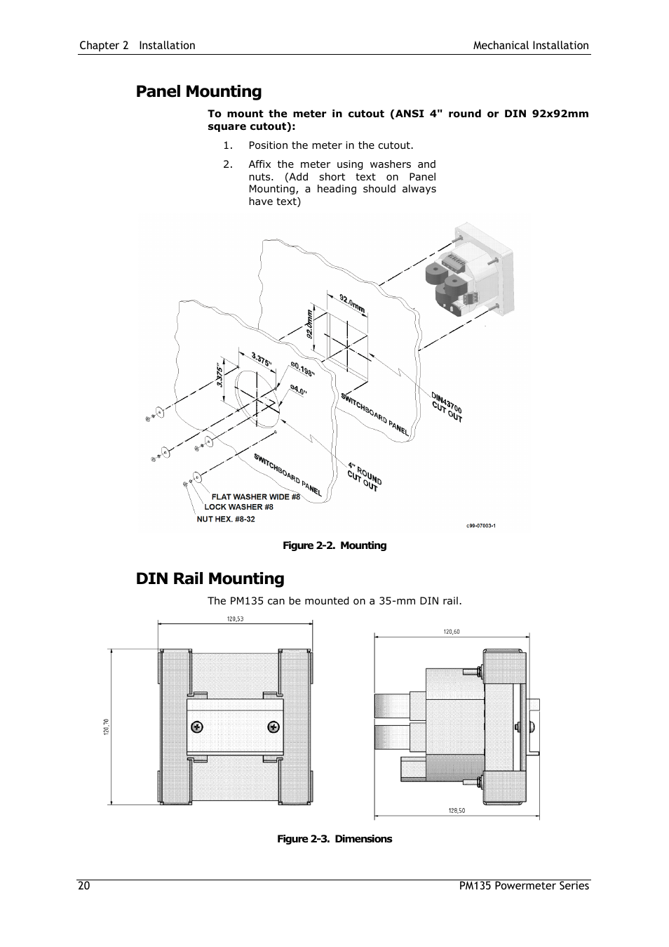 Panel mounting, Din rail mounting | SATEC PM135 Manual User Manual | Page 20 / 166