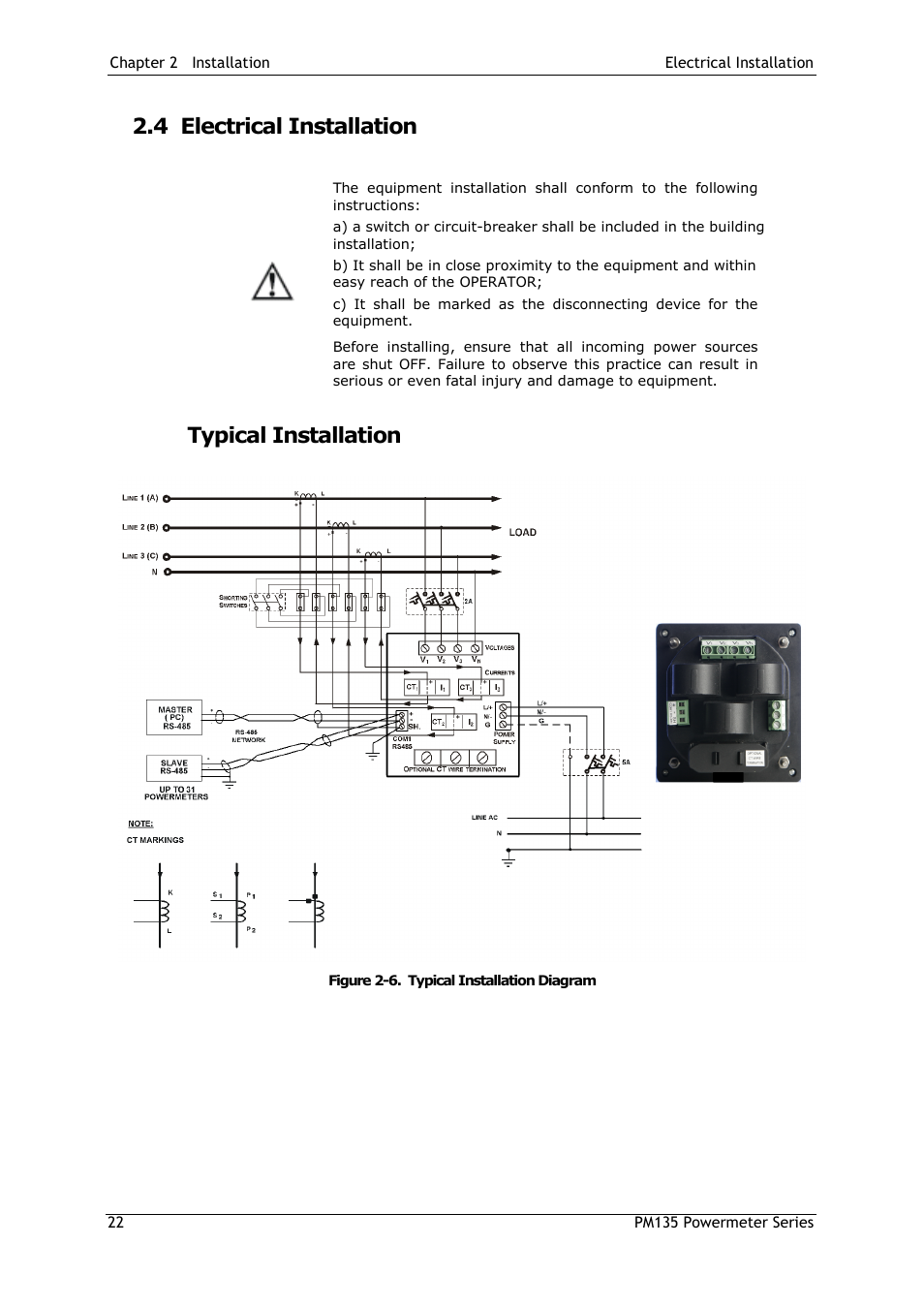 4 electrical installation, Typical installation, Electrical installation | SATEC PM135 Manual User Manual | Page 22 / 166