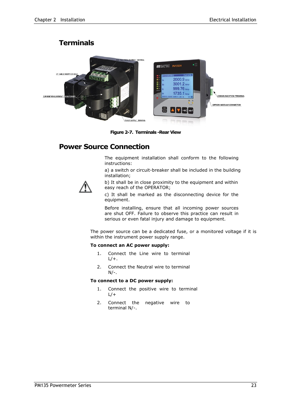 Terminals, Power source connection | SATEC PM135 Manual User Manual | Page 23 / 166