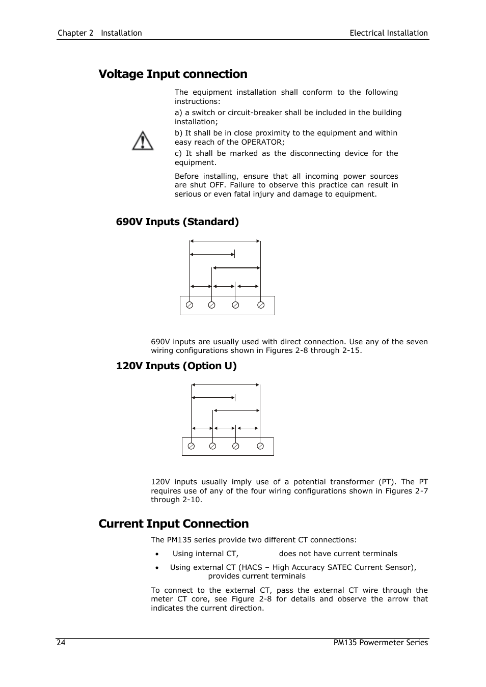 Voltage input connection, 690v inputs (standard), 120v inputs (option u) | Current input connection, Voltages 690v input (standard), Voltages 120v input (option u) | SATEC PM135 Manual User Manual | Page 24 / 166
