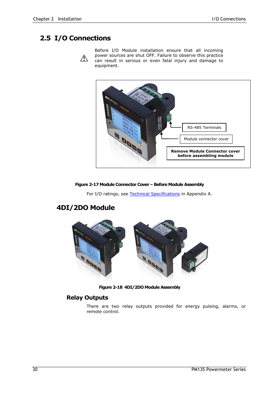 5 i/o connections, 4di/2do module, Relay outputs | I/o connections | SATEC PM135 Manual User Manual | Page 30 / 166