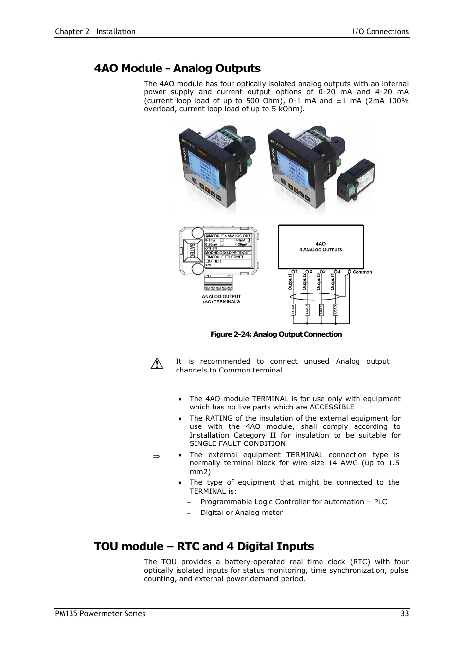 4ao module - analog outputs, Tou module – rtc and 4 digital inputs | SATEC PM135 Manual User Manual | Page 33 / 166