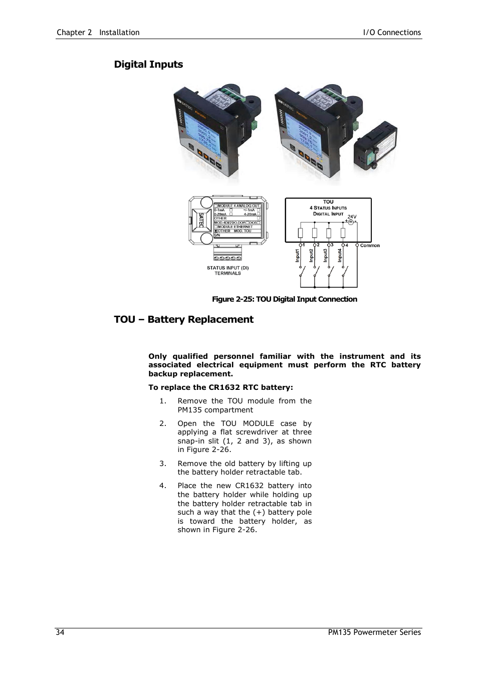 Digital inputs, Tou – battery replacement, Warning | SATEC PM135 Manual User Manual | Page 34 / 166