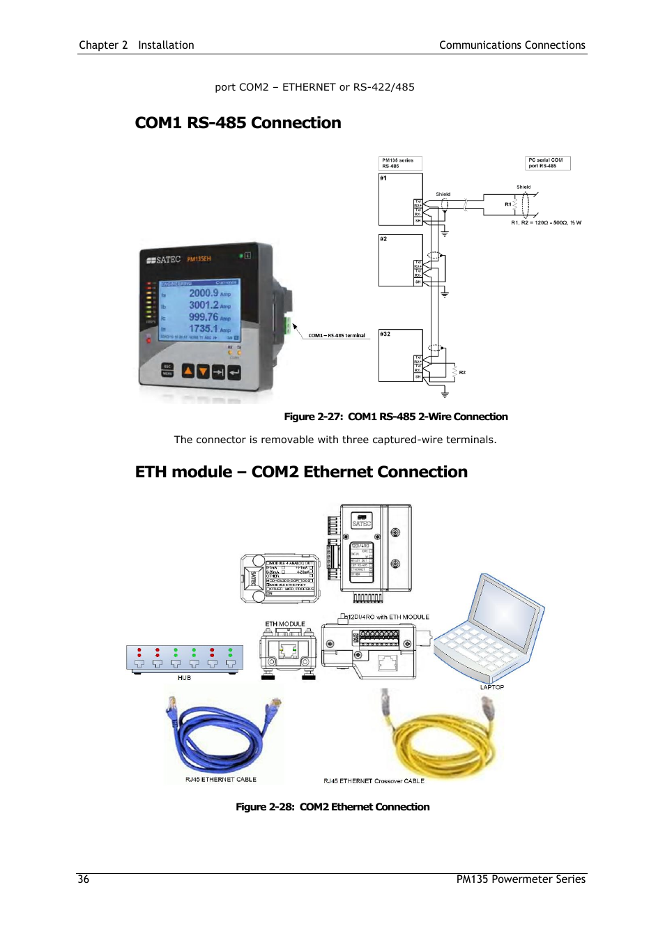 Com1 rs-485 connection, Eth module – com2 ethernet connection | SATEC PM135 Manual User Manual | Page 36 / 166