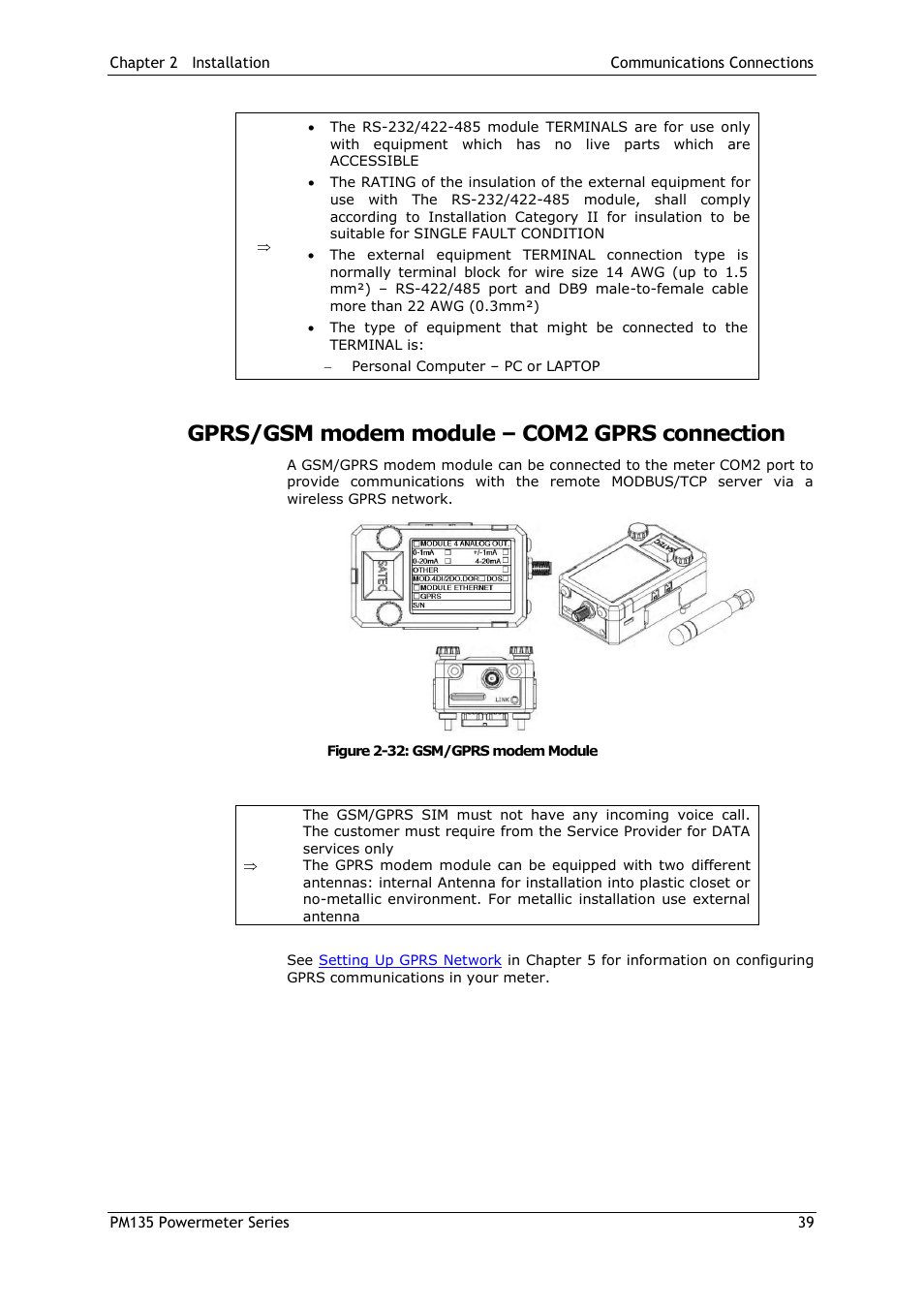 Gprs/gsm modem module – com2 gprs connection | SATEC PM135 Manual User Manual | Page 39 / 166