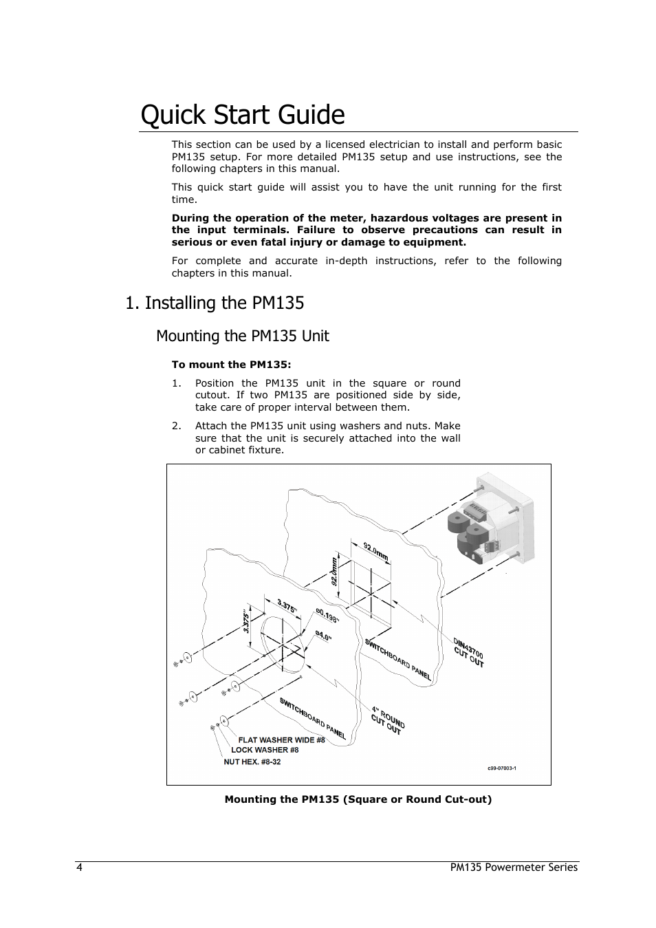 Quick start guide, Installing the pm135, Mounting the pm135 unit | SATEC PM135 Manual User Manual | Page 4 / 166