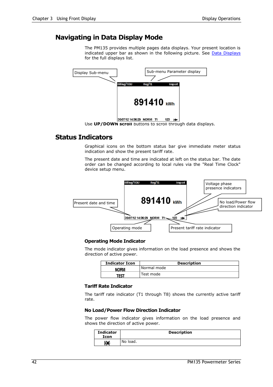 Navigating in data display mode, Status indicators, Operating mode indicator | Tariff rate indicator, No load/power flow direction indicator | SATEC PM135 Manual User Manual | Page 42 / 166