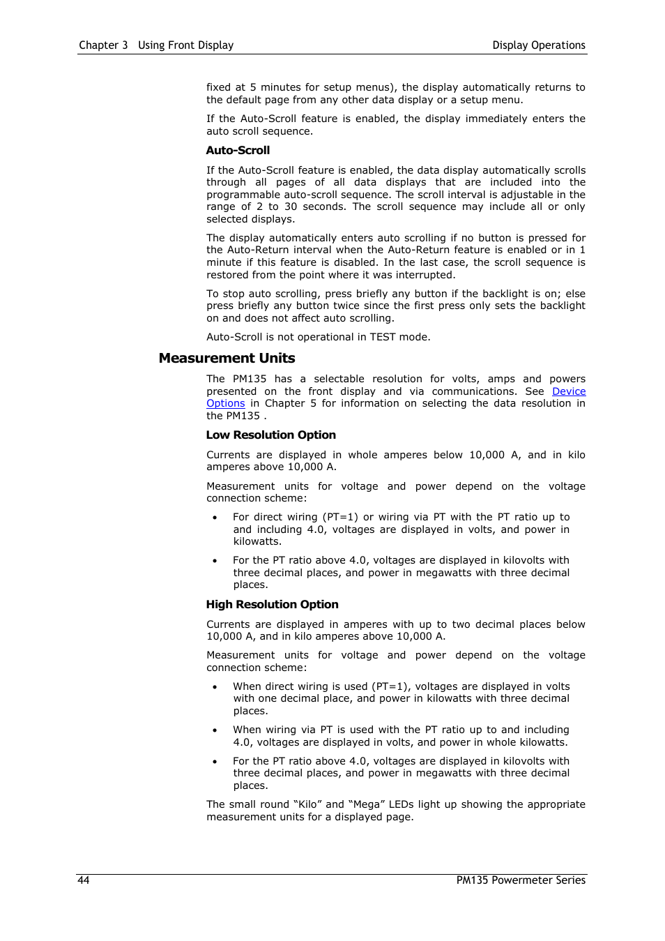 Auto-scroll, Measurement units, Low resolution option | High resolution option | SATEC PM135 Manual User Manual | Page 44 / 166