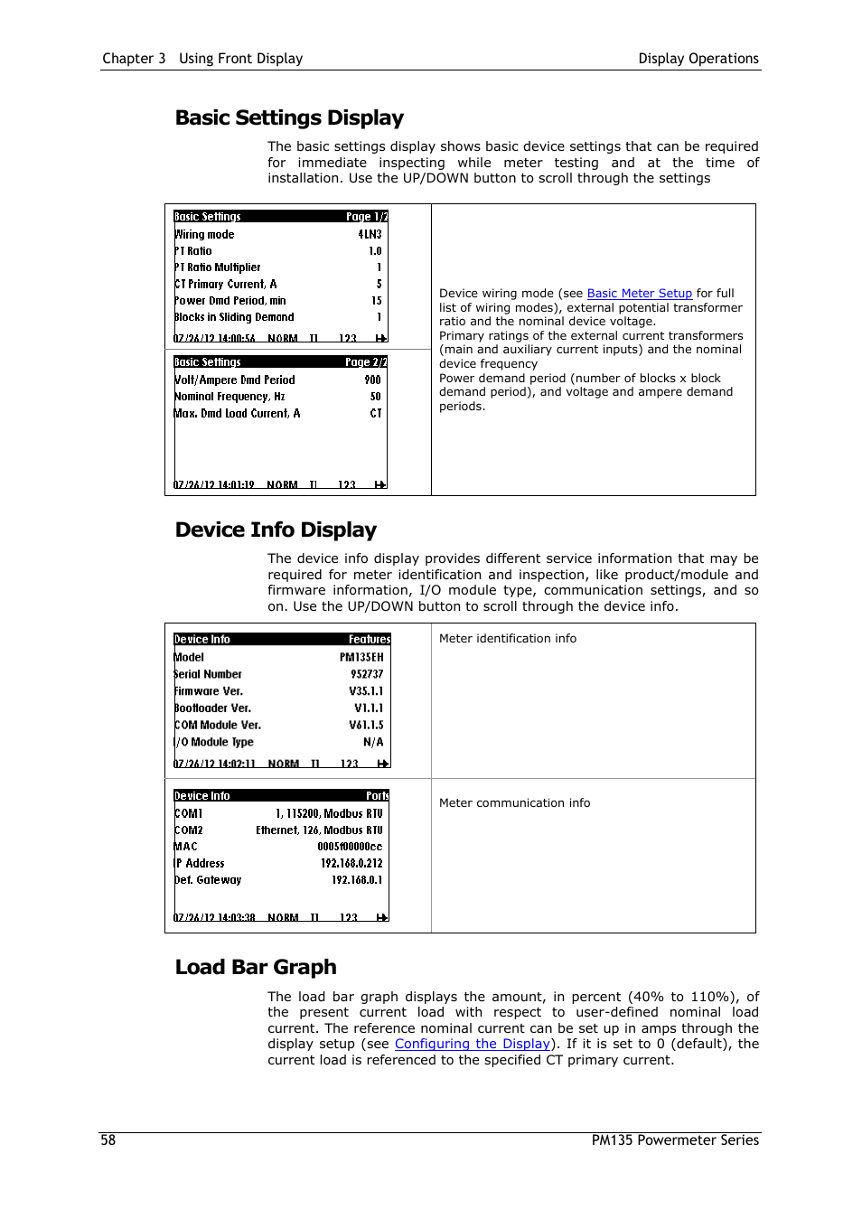 Basic settings display, Device info display, Load bar graph | SATEC PM135 Manual User Manual | Page 58 / 166