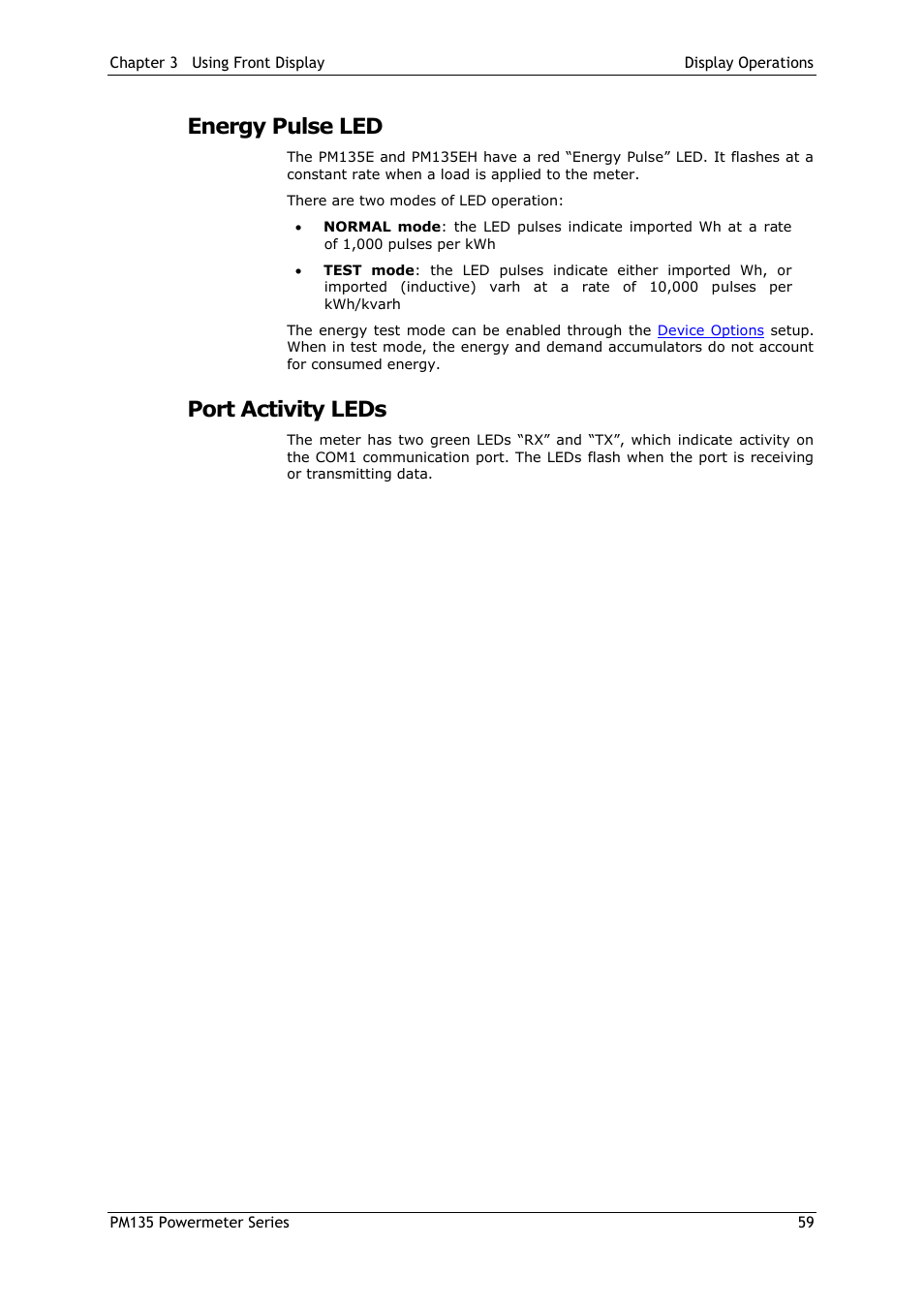 Energy pulse led, Port activity leds | SATEC PM135 Manual User Manual | Page 59 / 166