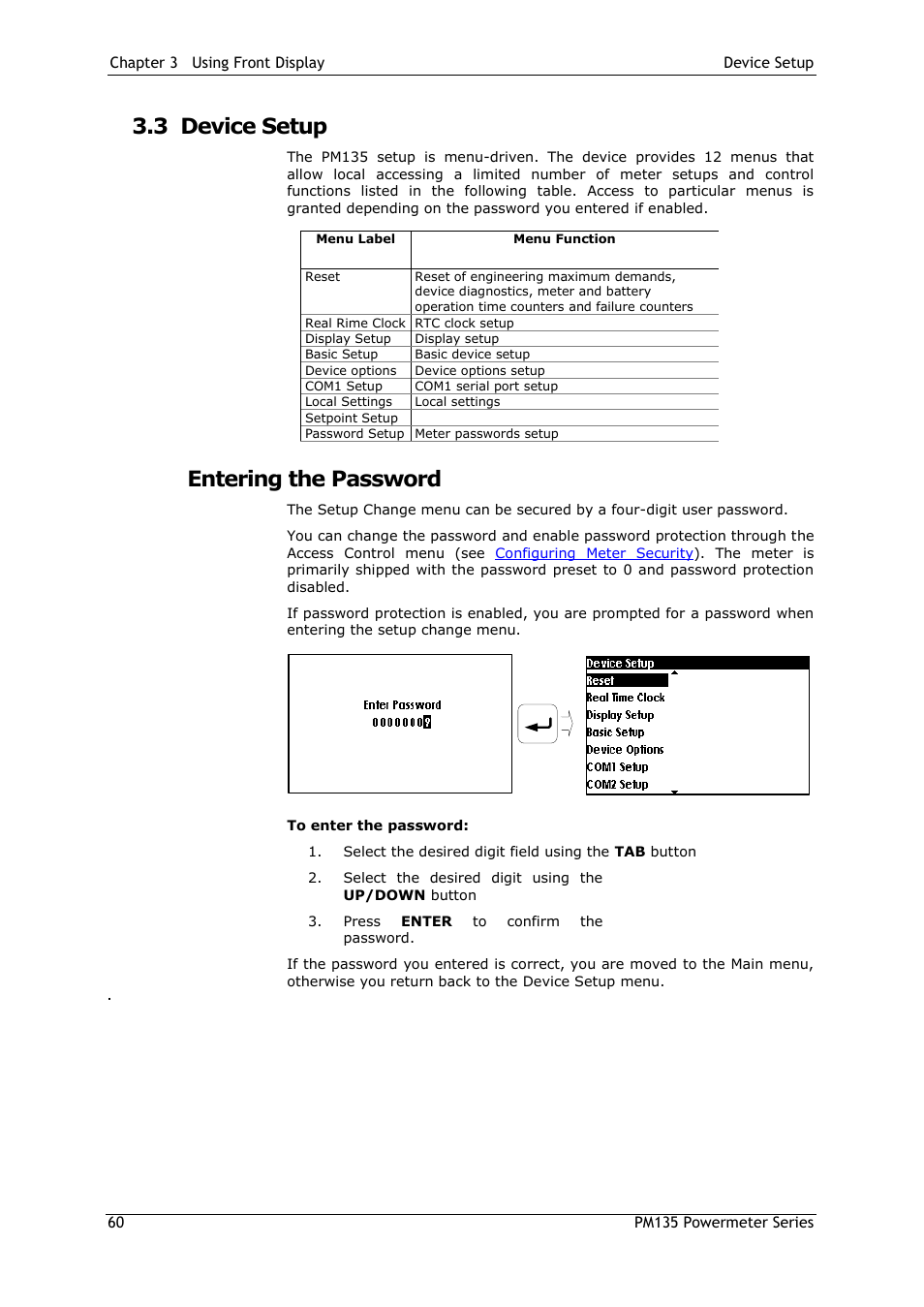 3 device setup, Entering the password, Viewing and changing setup options | Device setup | SATEC PM135 Manual User Manual | Page 60 / 166