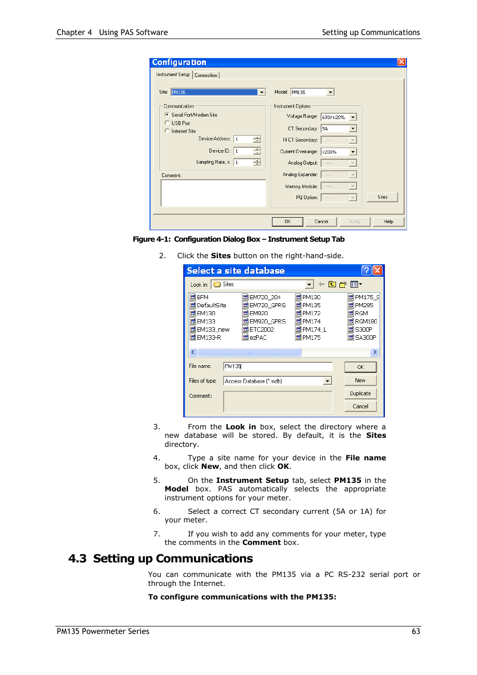 3 setting up communications, Setting up communications | SATEC PM135 Manual User Manual | Page 63 / 166