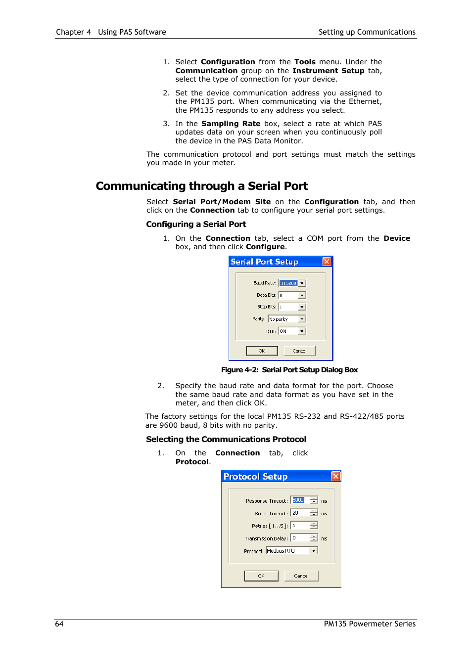 Communicating through a serial port, Configuring a serial port, Selecting the communications protocol | SATEC PM135 Manual User Manual | Page 64 / 166