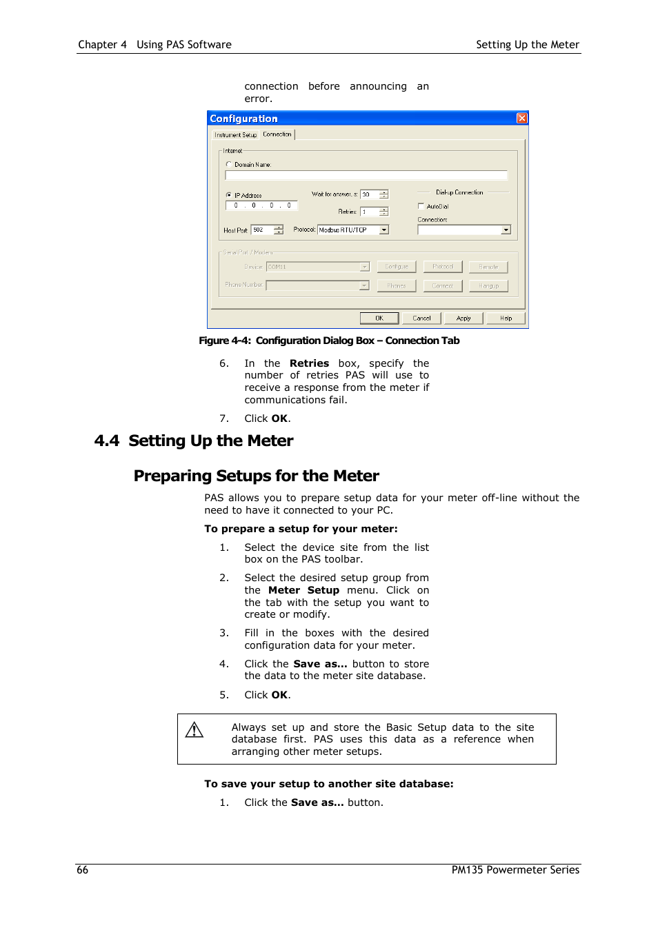 4 setting up the meter, Preparing setups for the meter, Setting up the meter | SATEC PM135 Manual User Manual | Page 66 / 166