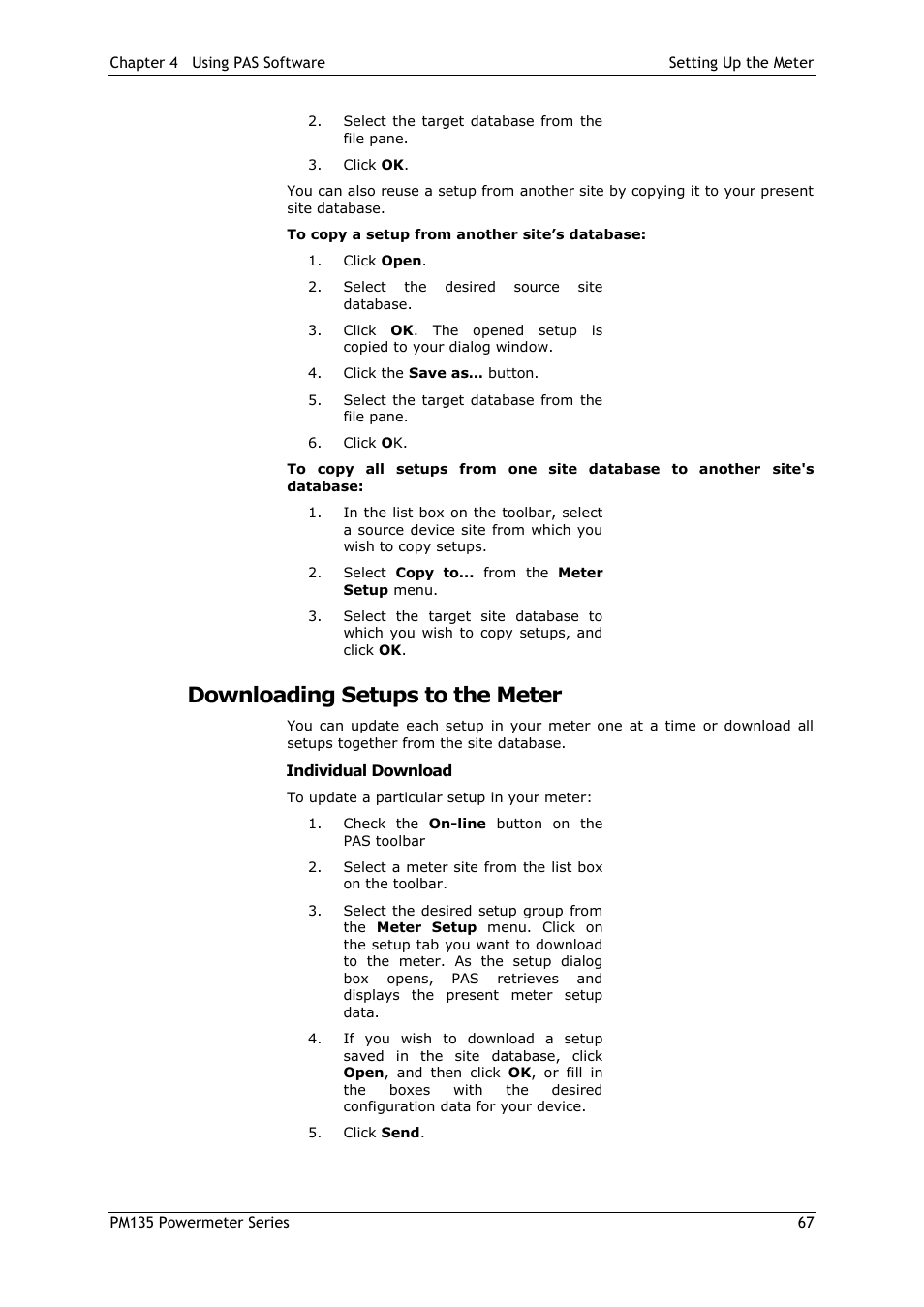Downloading setups to the meter, Individual download | SATEC PM135 Manual User Manual | Page 67 / 166