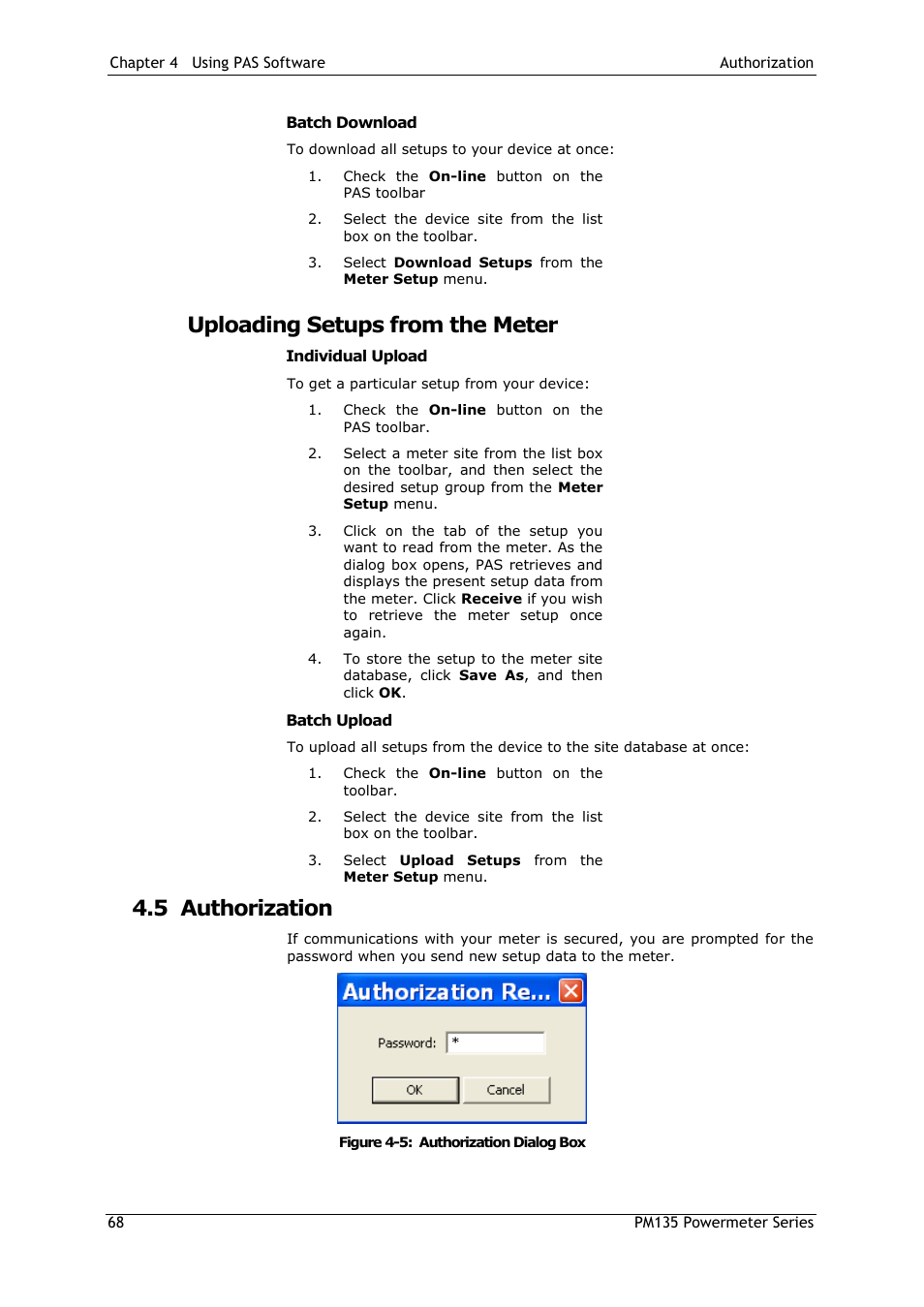 Batch download, Uploading setups from the meter, Individual upload | Batch upload, 5 authorization, Authorization | SATEC PM135 Manual User Manual | Page 68 / 166
