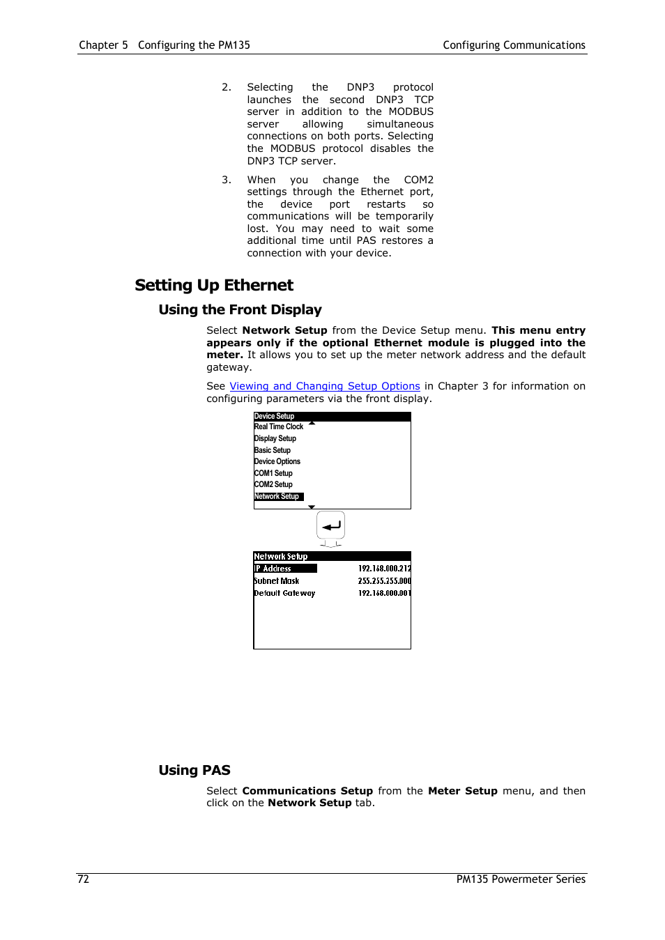 Setting up ethernet, Using the front display, Using pas | SATEC PM135 Manual User Manual | Page 72 / 166