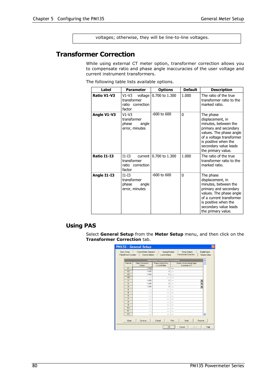 Transformer correction, Using pas, Device options | SATEC PM135 Manual User Manual | Page 80 / 166