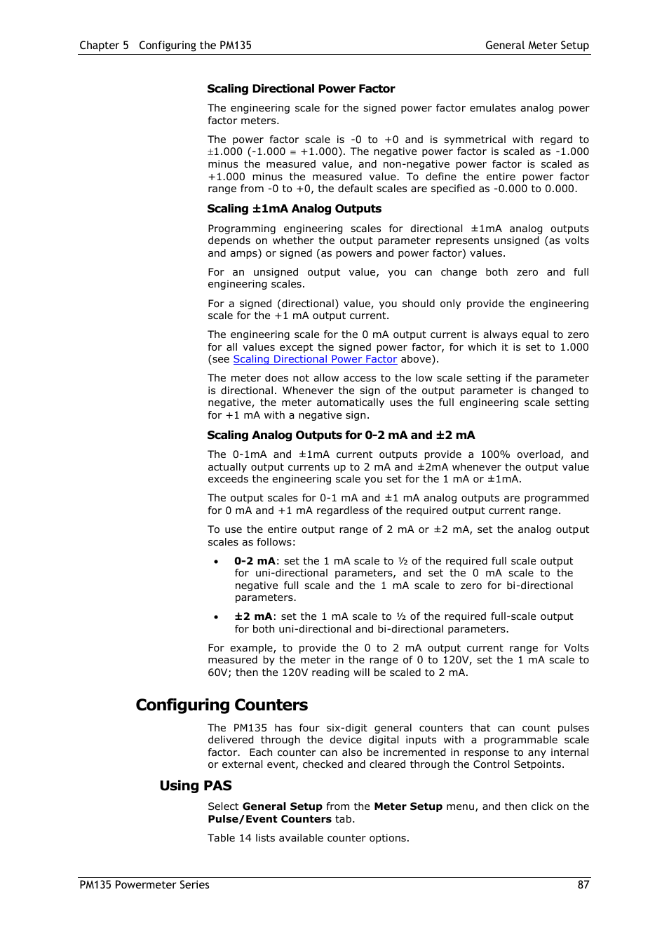 Scaling directional power factor, Scaling ±1ma analog outputs, Scaling analog outputs for 0-2 ma and ±2 ma | Configuring counters, Using pas | SATEC PM135 Manual User Manual | Page 87 / 166