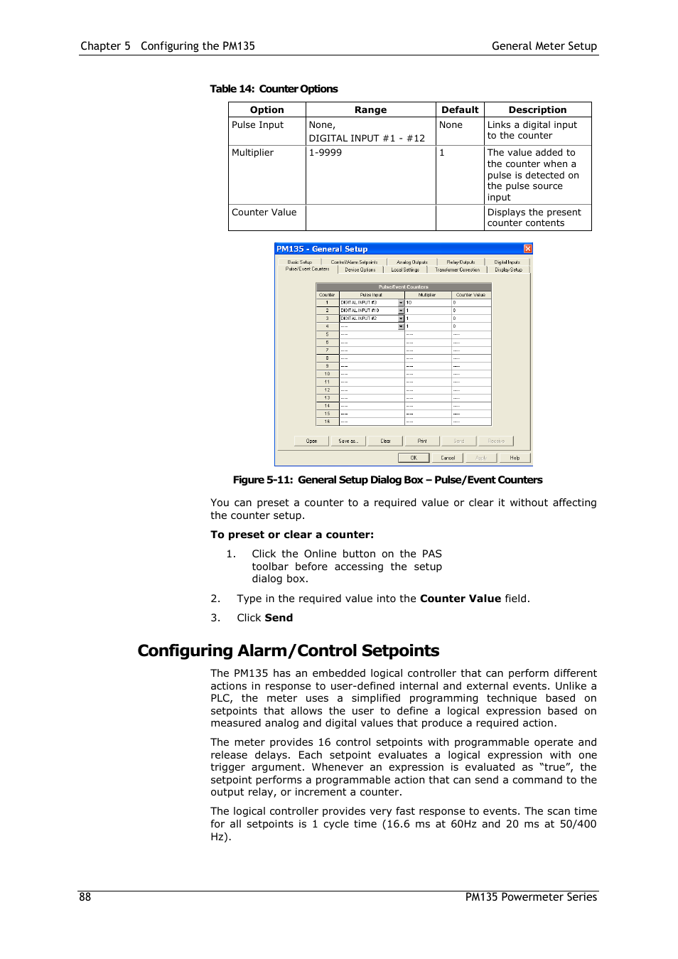 Configuring alarm/control setpoints, Configuring alarm/control, Setpoints | Table 14 | SATEC PM135 Manual User Manual | Page 88 / 166