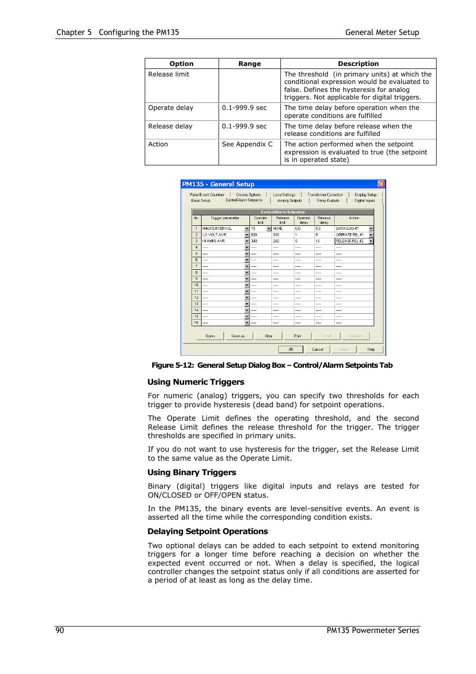 Using numeric triggers, Using binary triggers, Delaying setpoint operations | SATEC PM135 Manual User Manual | Page 90 / 166