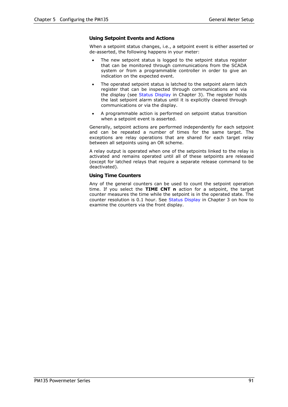 Using setpoint events and actions, Using time counters, Configuring the display | Configuring, The display | SATEC PM135 Manual User Manual | Page 91 / 166