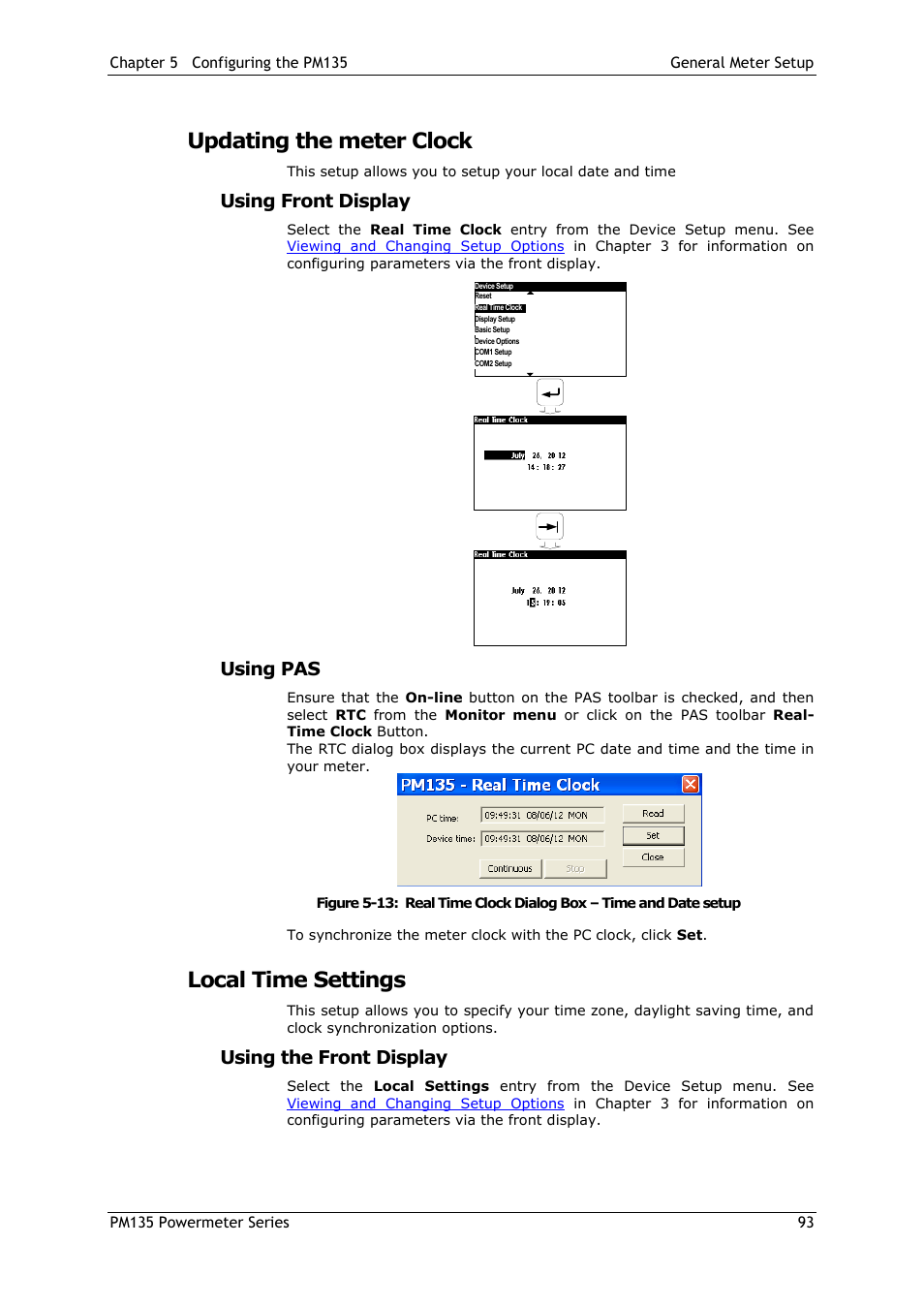 Updating the meter clock, Using front display, Using pas | Local time settings, Using the front display | SATEC PM135 Manual User Manual | Page 93 / 166