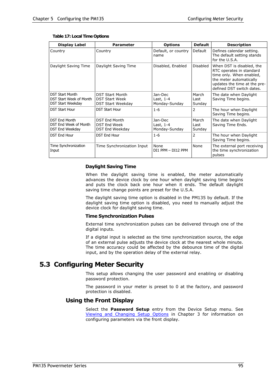 Daylight saving time, Time synchronization pulses, 3 configuring meter security | Using the front display, Configuring meter security | SATEC PM135 Manual User Manual | Page 95 / 166