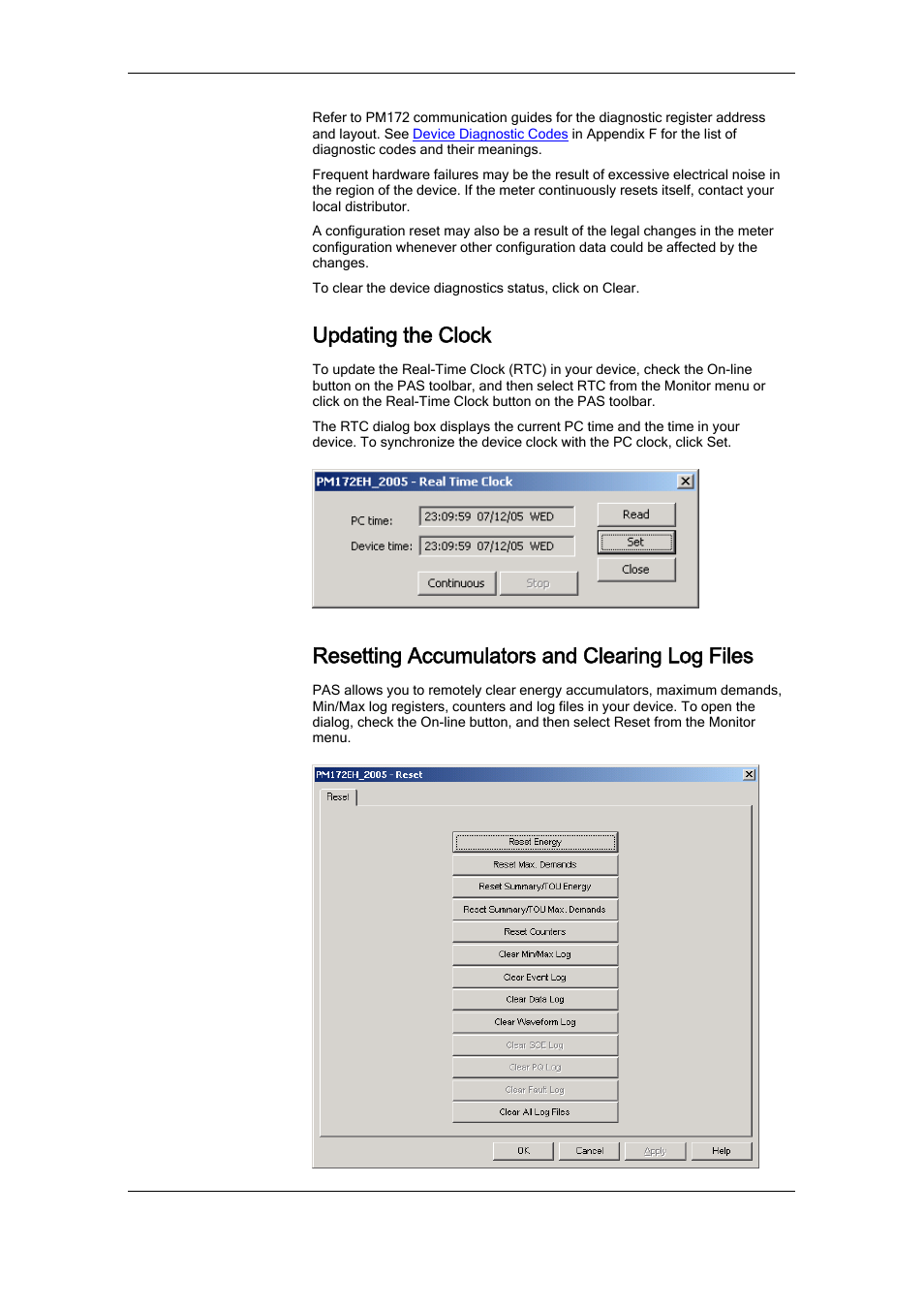 Device diagnostics, Updating the clock, Resetting accumulators and clearing log files | SATEC RDM172 Manual User Manual | Page 101 / 135