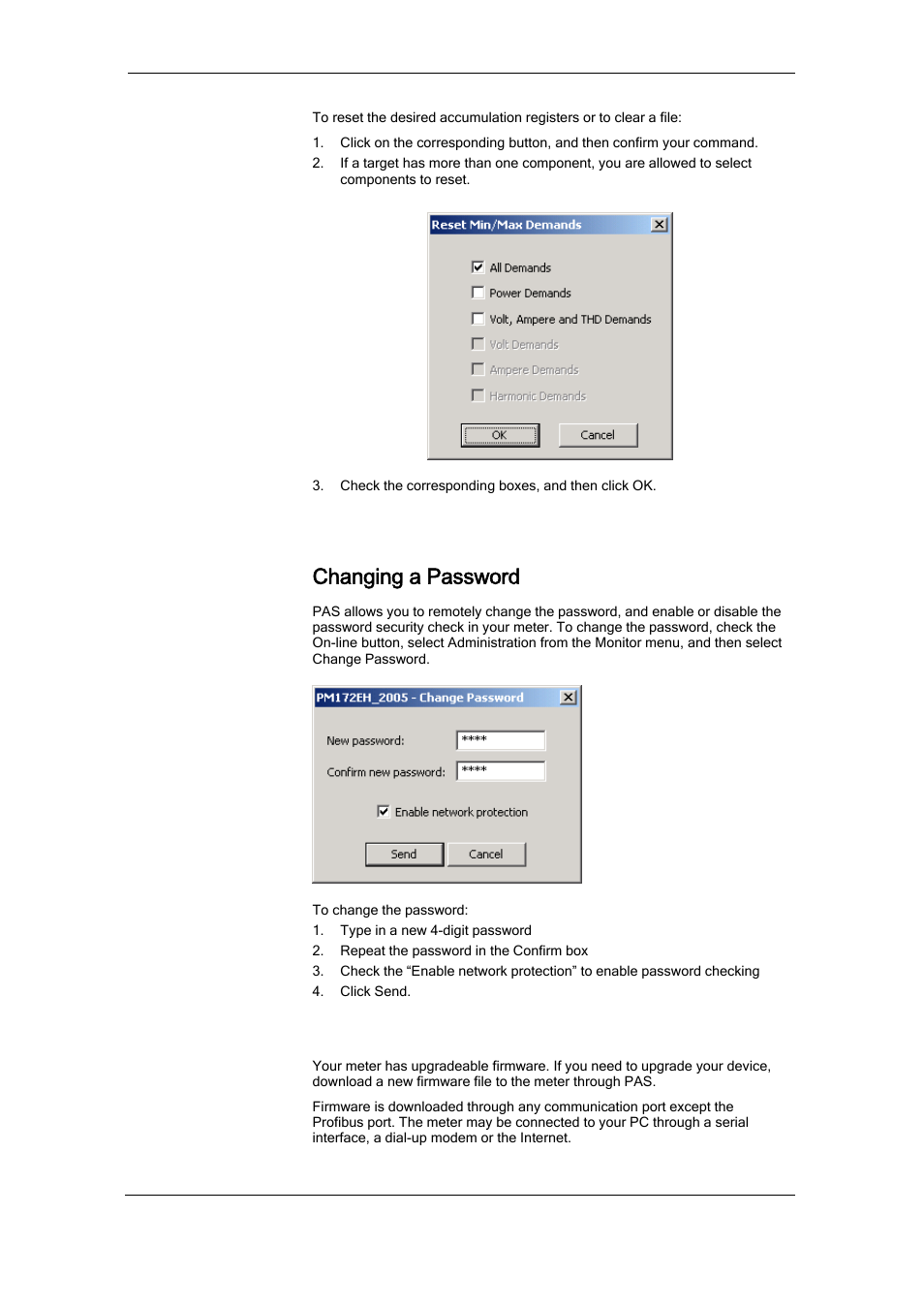 Changing a password, Updating the clock, Resetting accumulators and clearing log files | Administration, Upgrading device firmware | SATEC RDM172 Manual User Manual | Page 102 / 135