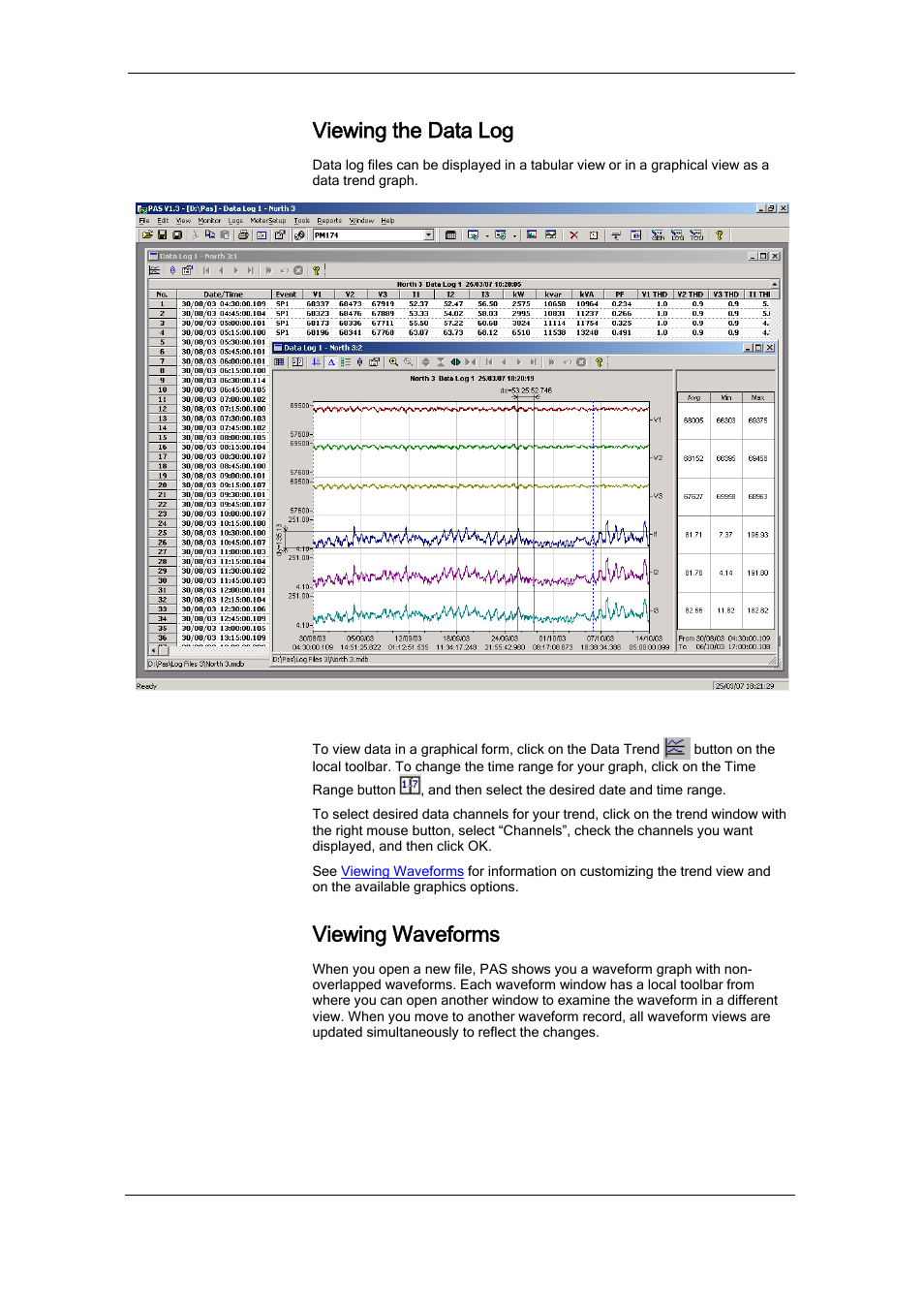 Viewing the data log, Viewing data trend, Viewing waveforms | Viewing the device event log | SATEC RDM172 Manual User Manual | Page 108 / 135