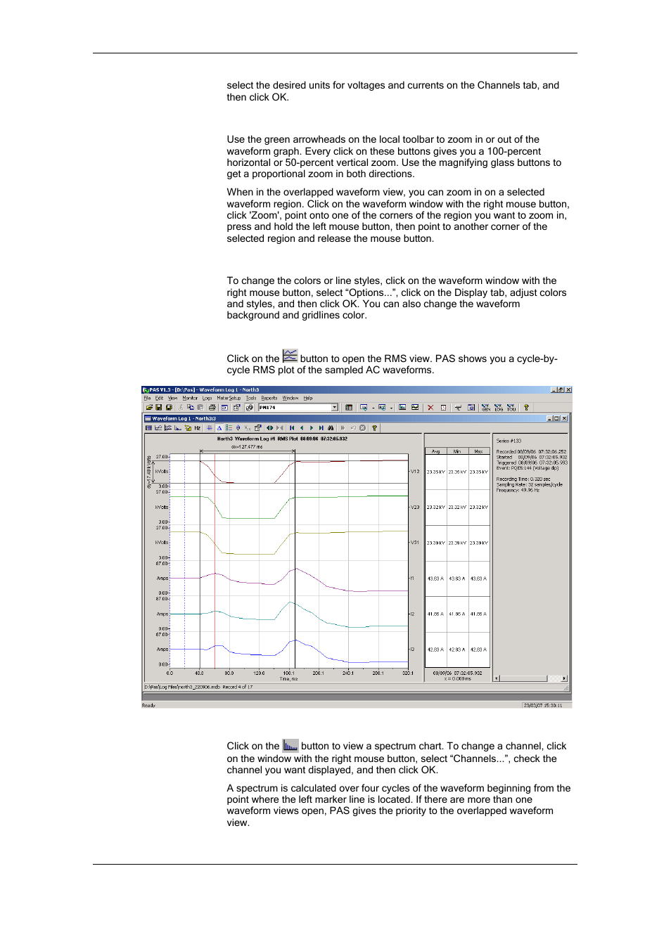 Using a zoom, Customizing line colors and styles, Viewing an rms plot | Viewing a spectrum chart | SATEC RDM172 Manual User Manual | Page 111 / 135