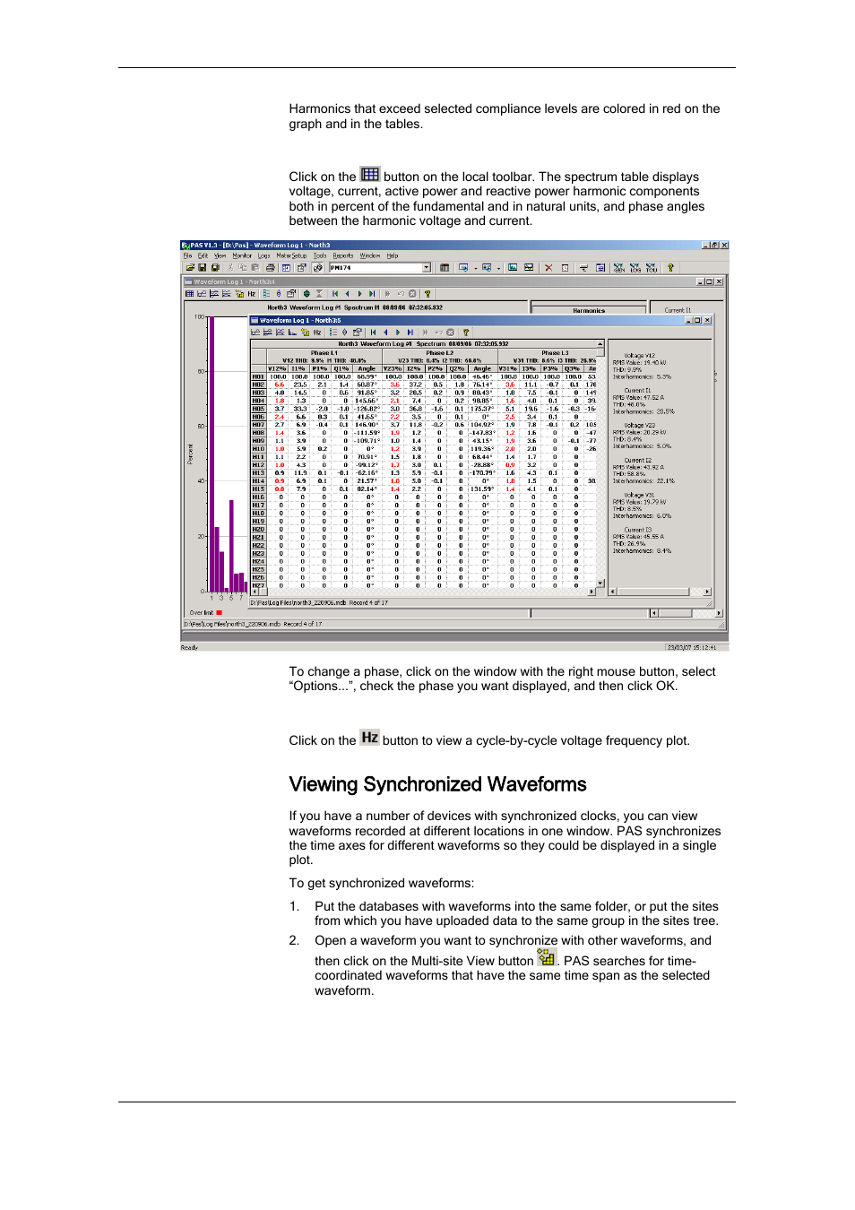 Viewing a spectrum table, Viewing a frequency plot, Viewing synchronized waveforms | SATEC RDM172 Manual User Manual | Page 113 / 135