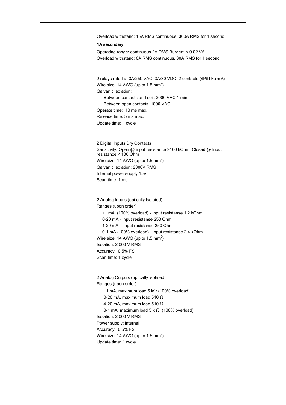 Appendix a technical specifications, Relay outputs, Digital inputs | Optional analog inputs, Optional analog outputs | SATEC RDM172 Manual User Manual | Page 118 / 135