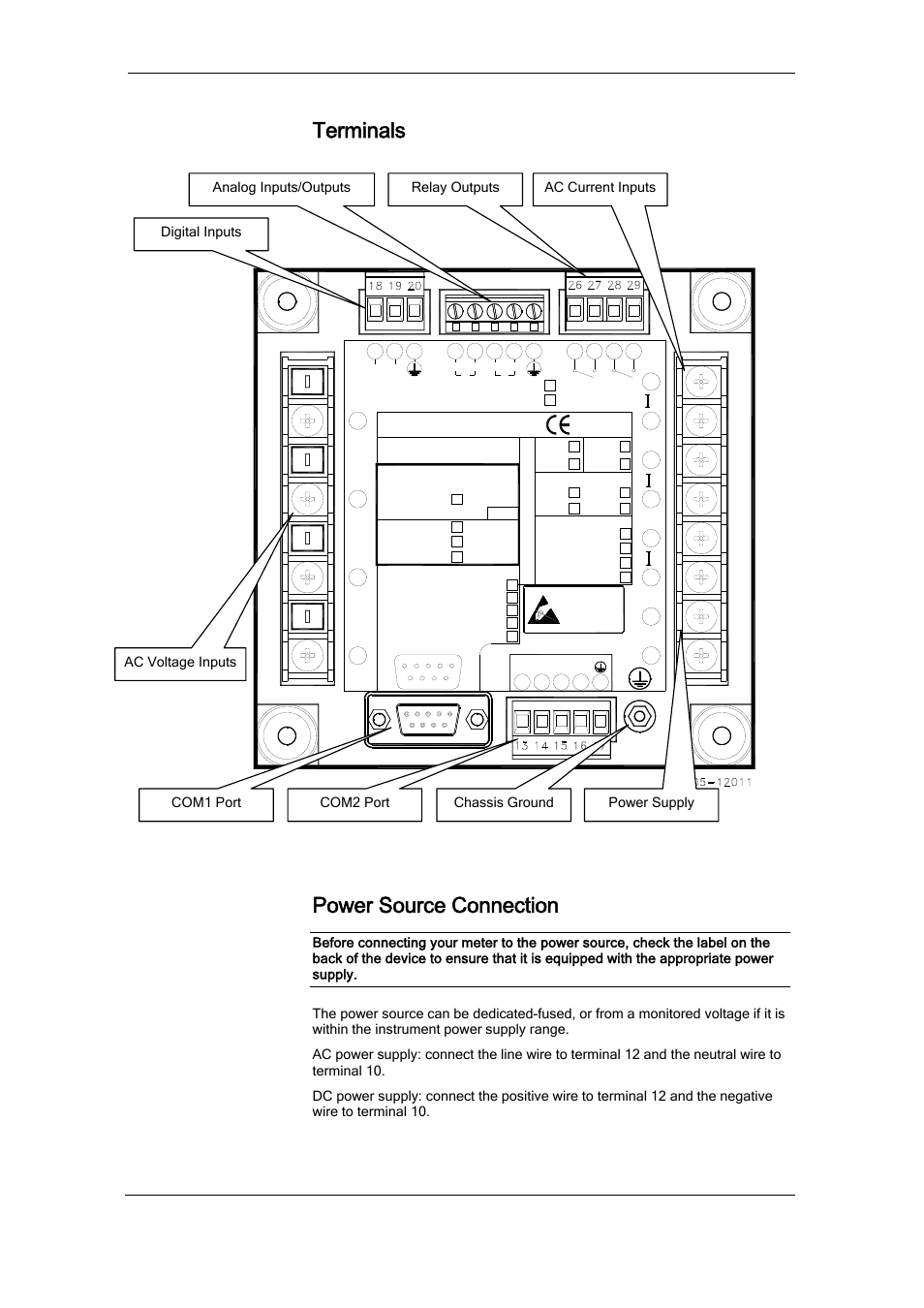 Terminals, Power source connection, Chapter 2 installation electrical installation | Series pm172 powermeters | SATEC RDM172 Manual User Manual | Page 18 / 135