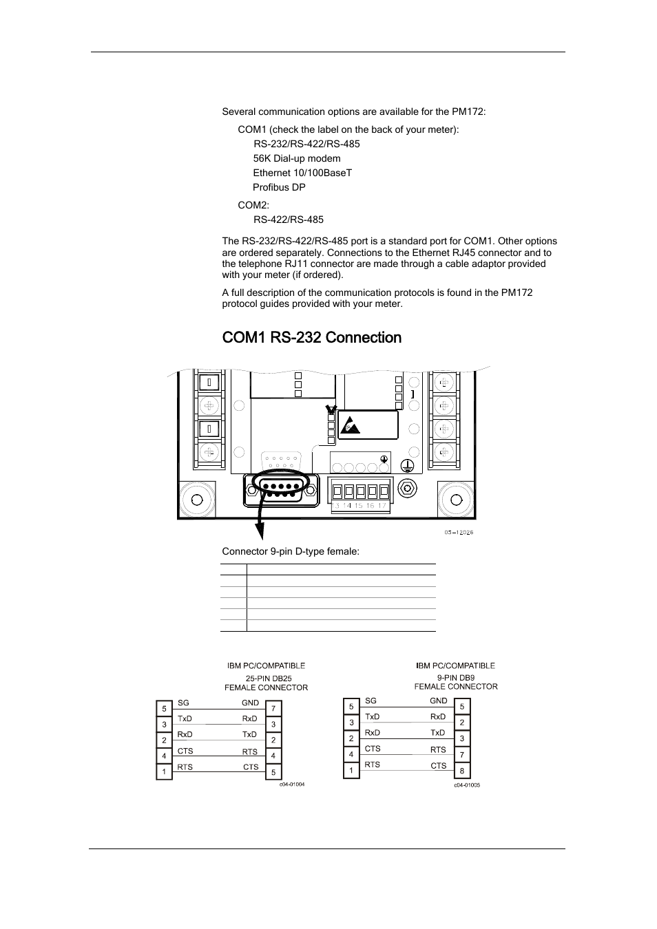 Communications connections, Com1 rs-232 connection, Chapter 2 installation communications connections | Series pm172 powermeters | SATEC RDM172 Manual User Manual | Page 26 / 135