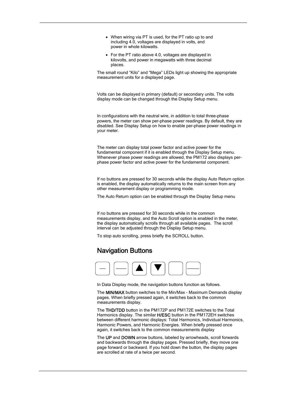 Primary and secondary volts, Phase power readings, Fundamental component | Auto return, Auto scroll, Navigation buttons | SATEC RDM172 Manual User Manual | Page 34 / 135