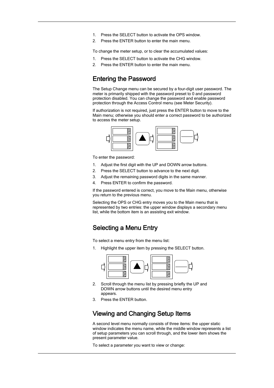 Entering the password, Selecting a menu entry, Viewing and changing setup items | SATEC RDM172 Manual User Manual | Page 41 / 135