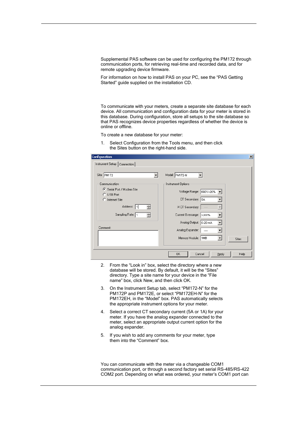 Chapter 4 pas application software, Configuration database, Setting up communications | SATEC RDM172 Manual User Manual | Page 56 / 135