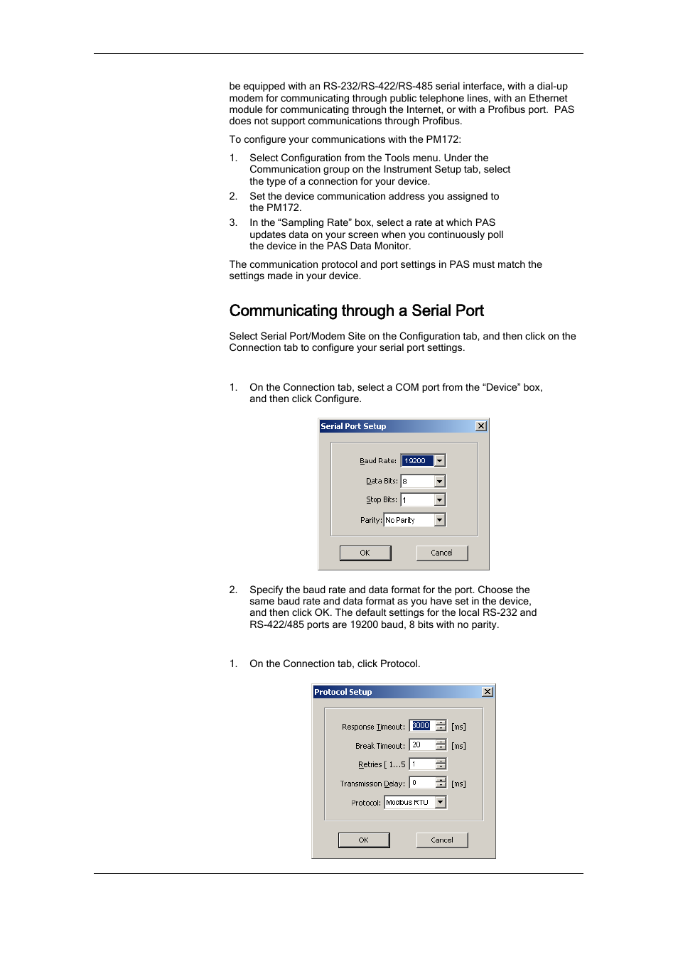 Communicating through a serial port, Configuring a serial port, Selecting the communications protocol | SATEC RDM172 Manual User Manual | Page 57 / 135