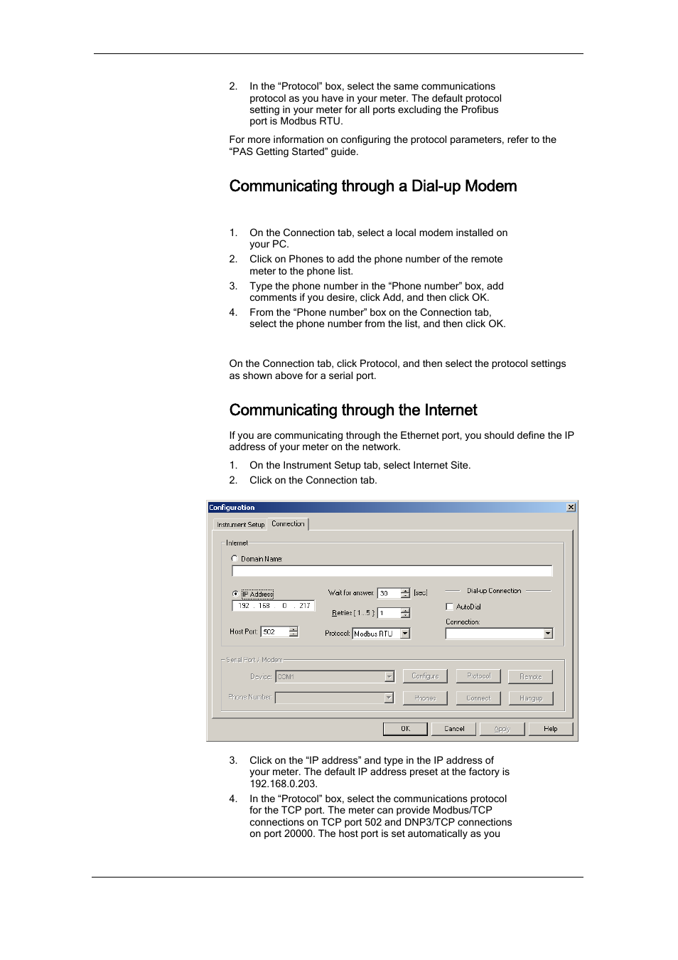 Communicating through a dial-up modem, Configuring a modem, Selecting the communications protocol | Communicating through the internet | SATEC RDM172 Manual User Manual | Page 58 / 135