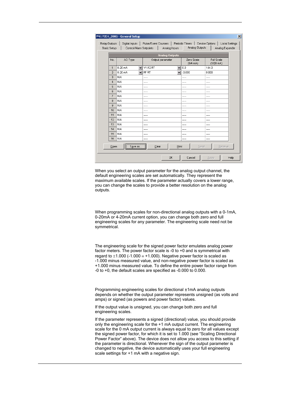 Scaling non-directional analog outputs, Scaling directional power factor, Scaling ±1ma analog outputs | Programming analog outputs | SATEC RDM172 Manual User Manual | Page 74 / 135