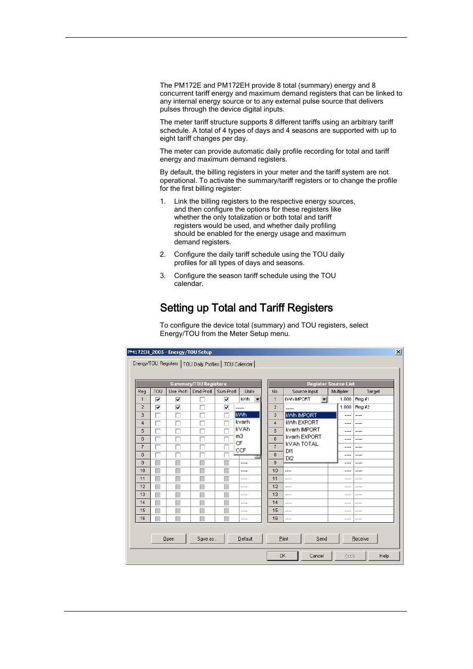 Configuring summary energy and tou registers, Setting up total and tariff registers | SATEC RDM172 Manual User Manual | Page 82 / 135