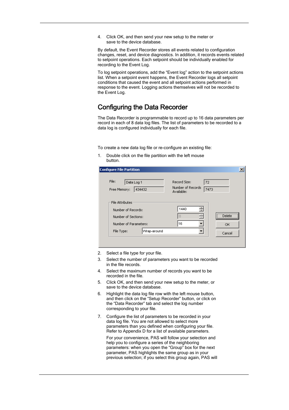 Configuring the data recorder, Conventional data log files, Configuring the event recorder | SATEC RDM172 Manual User Manual | Page 88 / 135