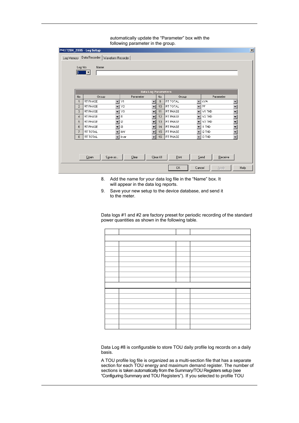 Factory preset periodic data logs, Tou profile data log files, Configuring the data recorder | SATEC RDM172 Manual User Manual | Page 89 / 135