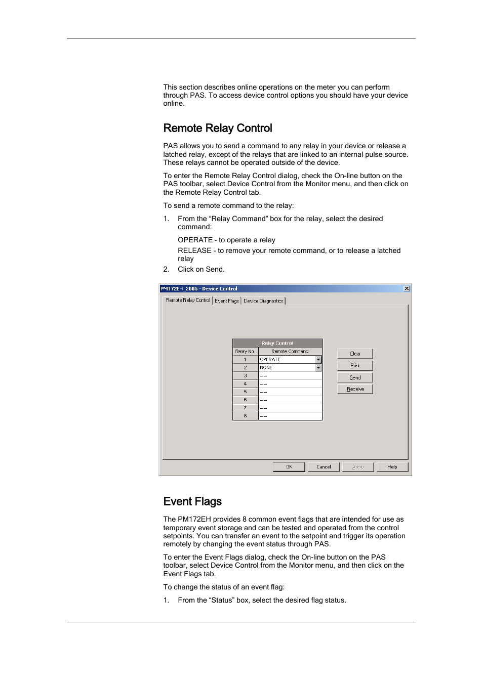 Remote device control, Remote relay control, Event flags | SATEC RDM172 Manual User Manual | Page 99 / 135