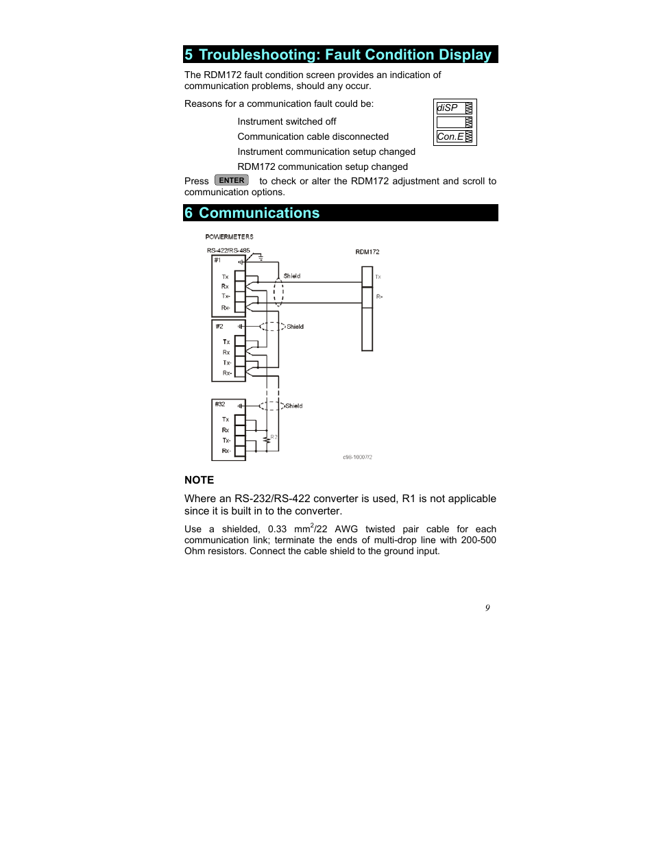 Troubleshooting: fault condition display, 6 communications, 5 troubleshooting: fault condition display | SATEC RDM172 Quick Start-1 User Manual | Page 10 / 10
