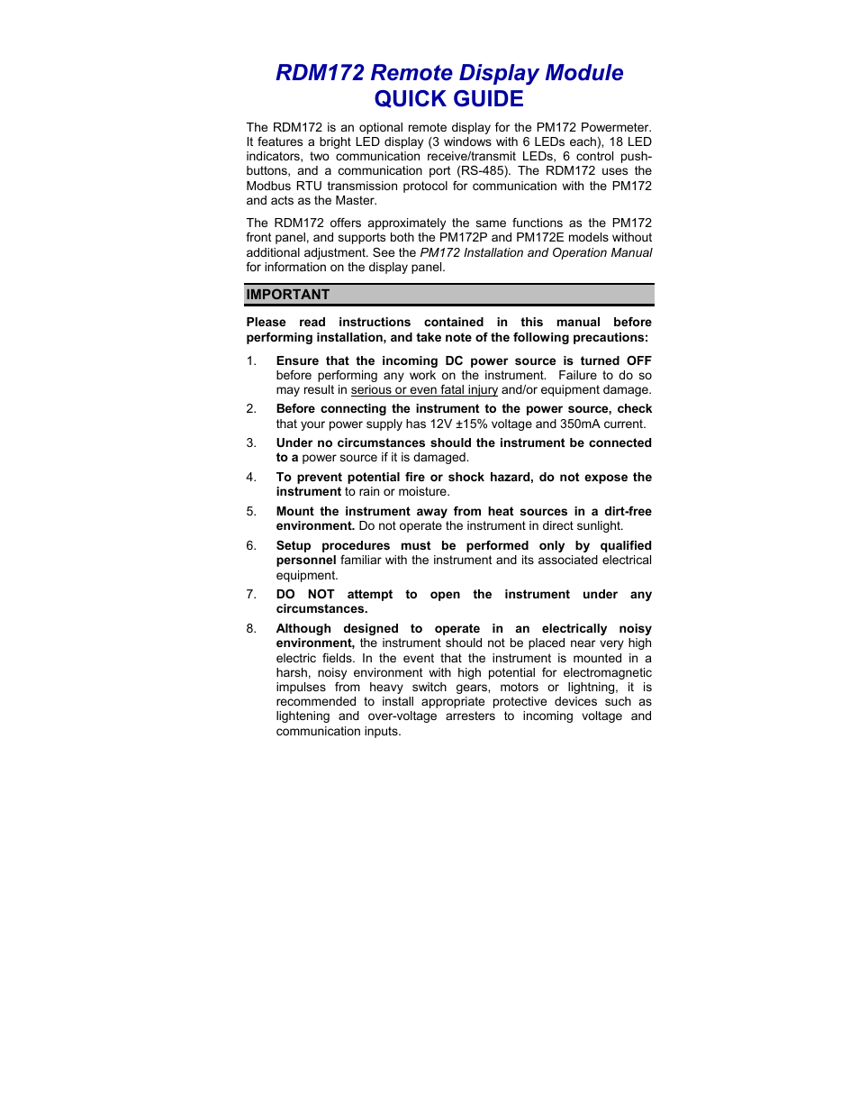 Rdm172 remote display module quick guide | SATEC RDM172 Quick Start-1 User Manual | Page 2 / 10