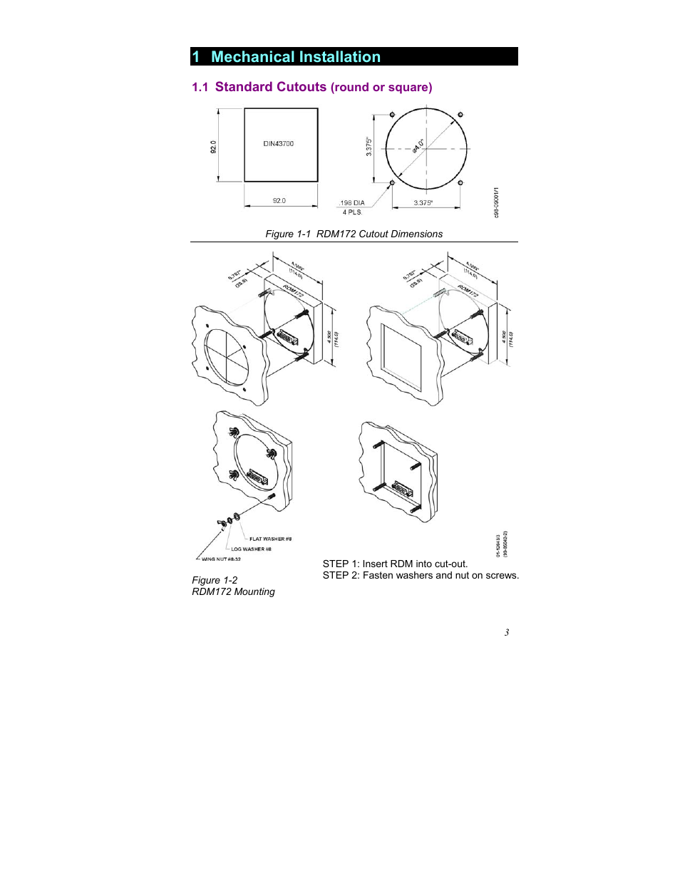 Mechanical installation, Standard cutouts (round or square), 1 mechanical installation | SATEC RDM172 Quick Start-1 User Manual | Page 4 / 10